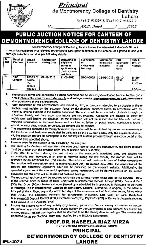 De'montmorency College of Dentistry Lahore Tender Notice
